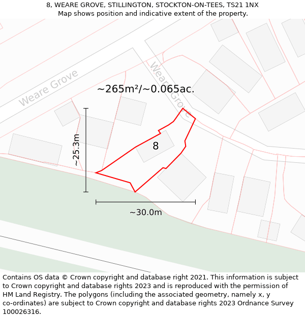 8, WEARE GROVE, STILLINGTON, STOCKTON-ON-TEES, TS21 1NX: Plot and title map