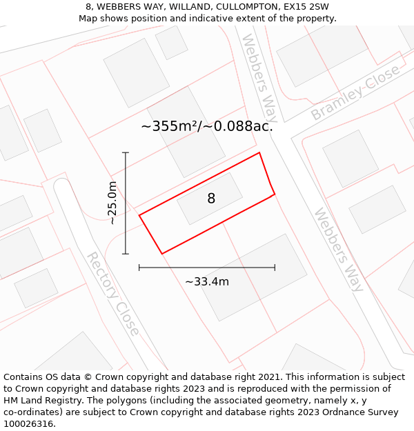 8, WEBBERS WAY, WILLAND, CULLOMPTON, EX15 2SW: Plot and title map