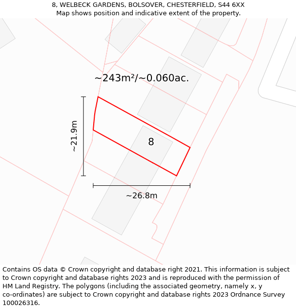 8, WELBECK GARDENS, BOLSOVER, CHESTERFIELD, S44 6XX: Plot and title map