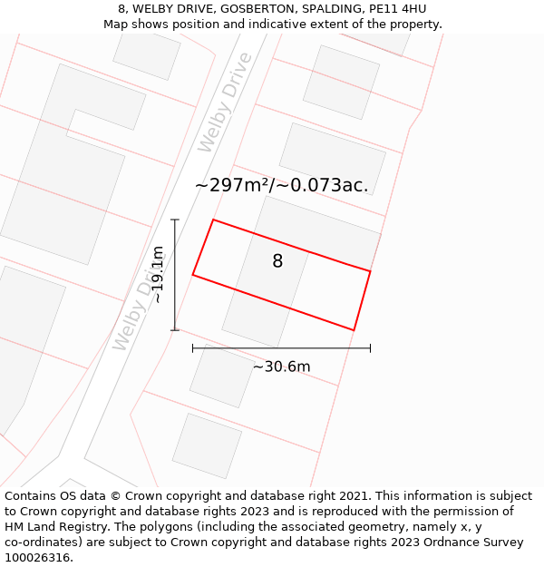 8, WELBY DRIVE, GOSBERTON, SPALDING, PE11 4HU: Plot and title map