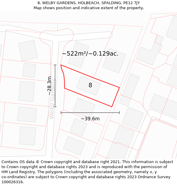 8, WELBY GARDENS, HOLBEACH, SPALDING, PE12 7JY: Plot and title map