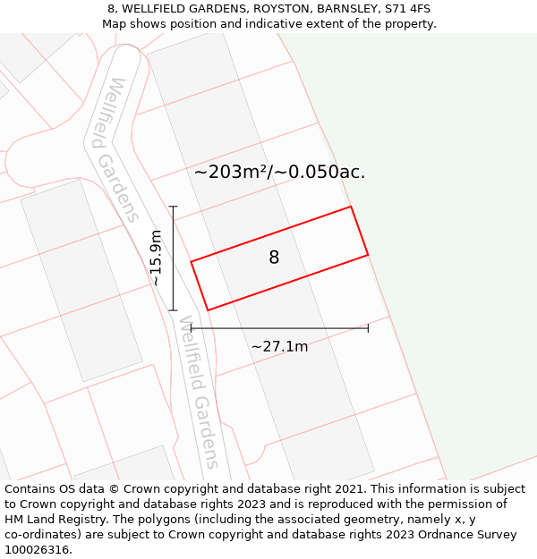 8, WELLFIELD GARDENS, ROYSTON, BARNSLEY, S71 4FS: Plot and title map