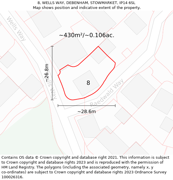 8, WELLS WAY, DEBENHAM, STOWMARKET, IP14 6SL: Plot and title map