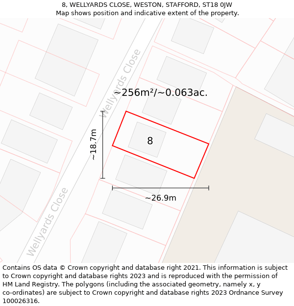 8, WELLYARDS CLOSE, WESTON, STAFFORD, ST18 0JW: Plot and title map