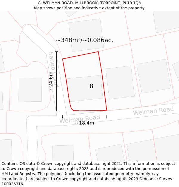 8, WELMAN ROAD, MILLBROOK, TORPOINT, PL10 1QA: Plot and title map