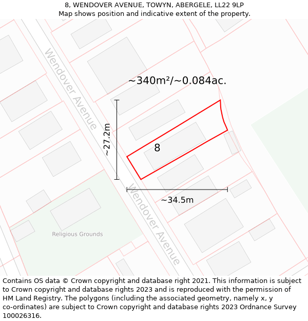 8, WENDOVER AVENUE, TOWYN, ABERGELE, LL22 9LP: Plot and title map