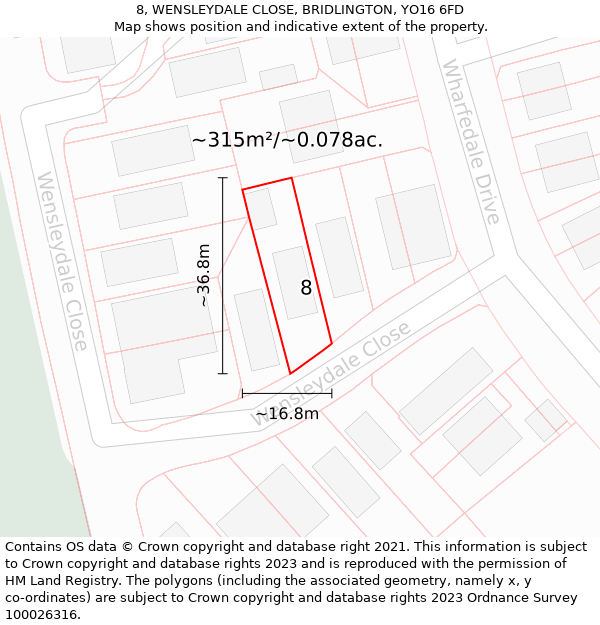 8, WENSLEYDALE CLOSE, BRIDLINGTON, YO16 6FD: Plot and title map