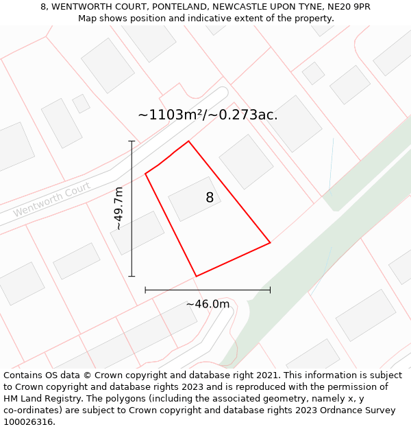 8, WENTWORTH COURT, PONTELAND, NEWCASTLE UPON TYNE, NE20 9PR: Plot and title map