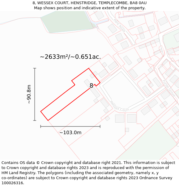 8, WESSEX COURT, HENSTRIDGE, TEMPLECOMBE, BA8 0AU: Plot and title map