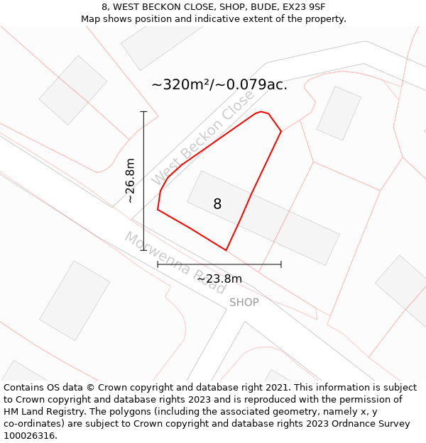 8, WEST BECKON CLOSE, SHOP, BUDE, EX23 9SF: Plot and title map