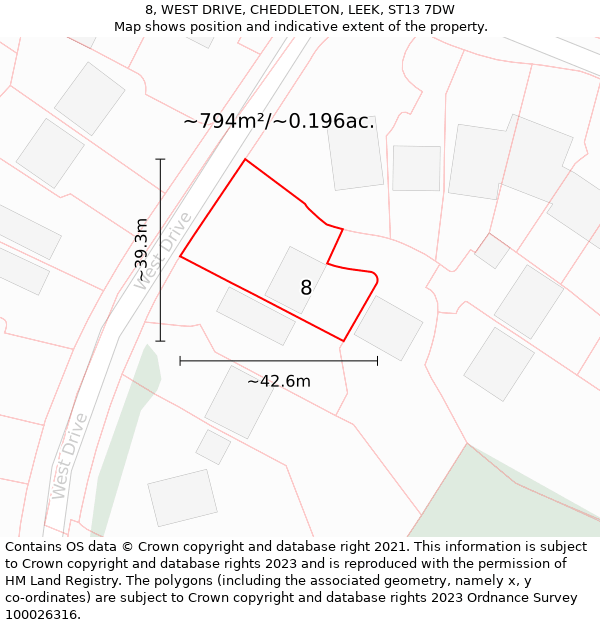 8, WEST DRIVE, CHEDDLETON, LEEK, ST13 7DW: Plot and title map