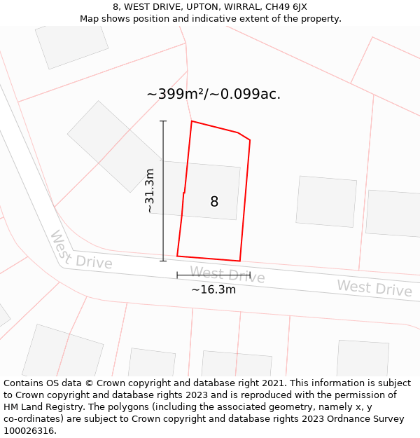 8, WEST DRIVE, UPTON, WIRRAL, CH49 6JX: Plot and title map