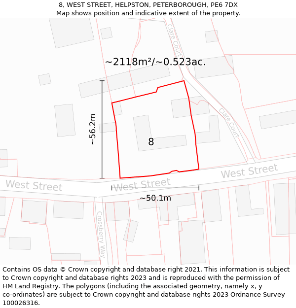 8, WEST STREET, HELPSTON, PETERBOROUGH, PE6 7DX: Plot and title map