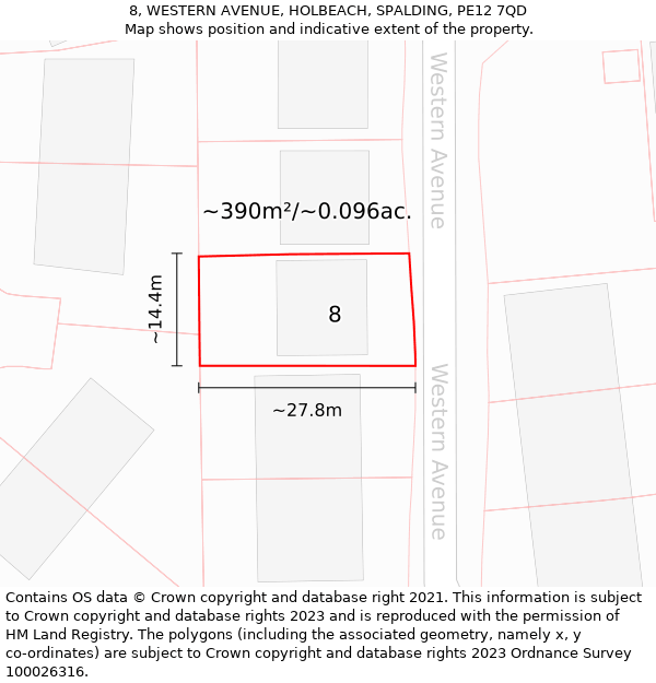 8, WESTERN AVENUE, HOLBEACH, SPALDING, PE12 7QD: Plot and title map