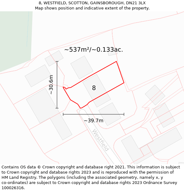 8, WESTFIELD, SCOTTON, GAINSBOROUGH, DN21 3LX: Plot and title map