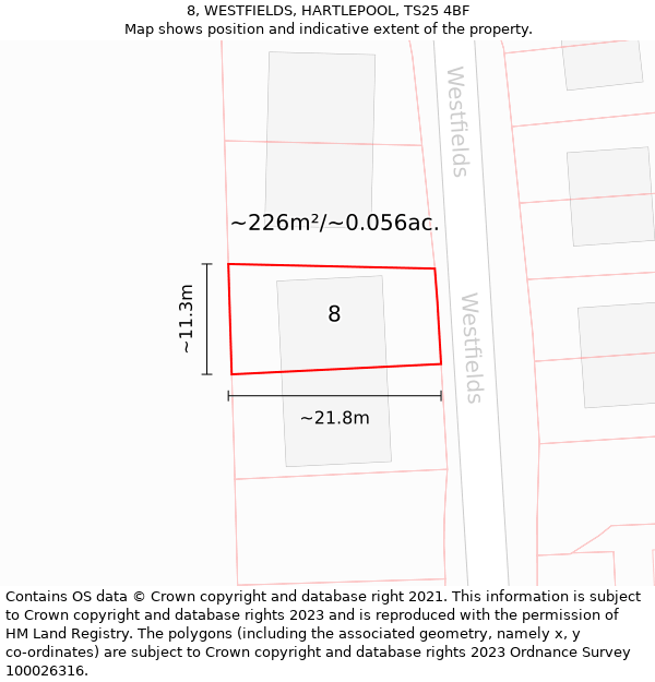 8, WESTFIELDS, HARTLEPOOL, TS25 4BF: Plot and title map