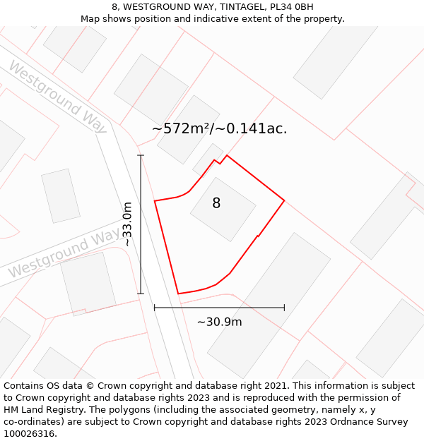 8, WESTGROUND WAY, TINTAGEL, PL34 0BH: Plot and title map