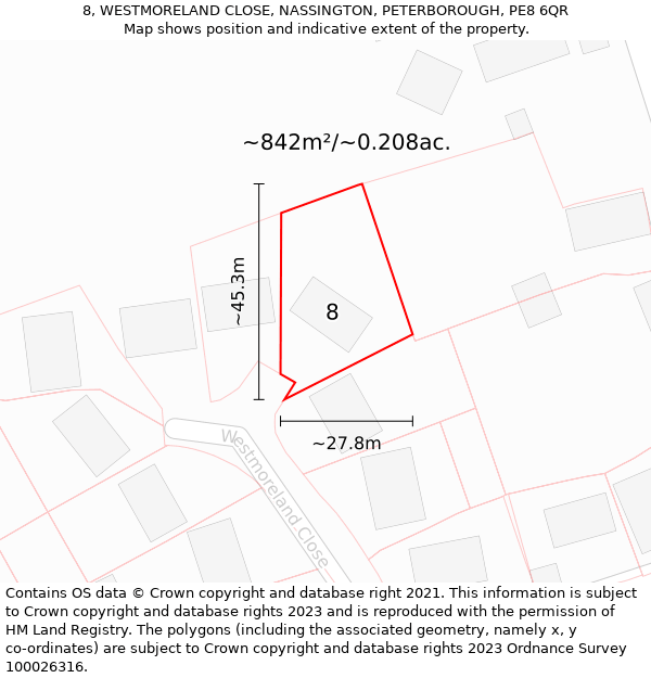 8, WESTMORELAND CLOSE, NASSINGTON, PETERBOROUGH, PE8 6QR: Plot and title map