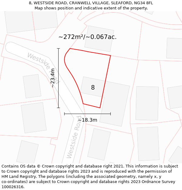 8, WESTSIDE ROAD, CRANWELL VILLAGE, SLEAFORD, NG34 8FL: Plot and title map