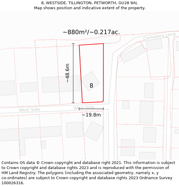 8, WESTSIDE, TILLINGTON, PETWORTH, GU28 9AL: Plot and title map