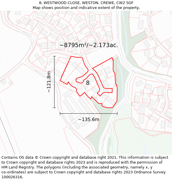 8, WESTWOOD CLOSE, WESTON, CREWE, CW2 5GF: Plot and title map