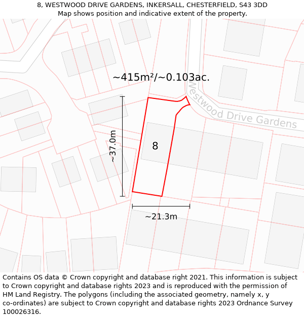 8, WESTWOOD DRIVE GARDENS, INKERSALL, CHESTERFIELD, S43 3DD: Plot and title map
