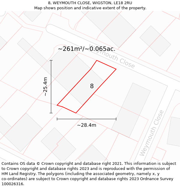 8, WEYMOUTH CLOSE, WIGSTON, LE18 2RU: Plot and title map