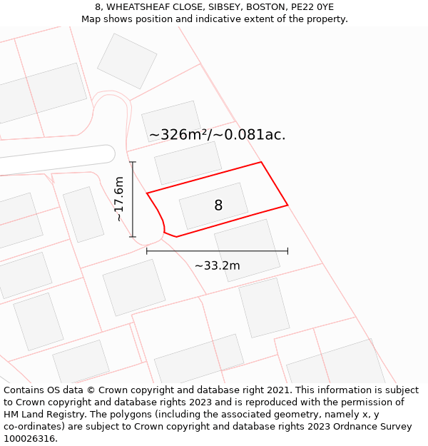 8, WHEATSHEAF CLOSE, SIBSEY, BOSTON, PE22 0YE: Plot and title map