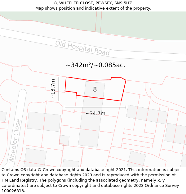 8, WHEELER CLOSE, PEWSEY, SN9 5HZ: Plot and title map