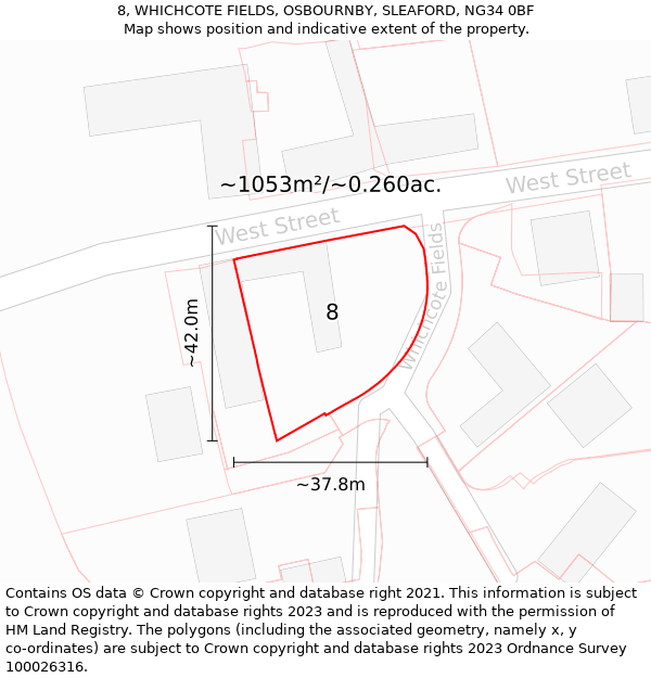 8, WHICHCOTE FIELDS, OSBOURNBY, SLEAFORD, NG34 0BF: Plot and title map