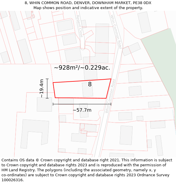 8, WHIN COMMON ROAD, DENVER, DOWNHAM MARKET, PE38 0DX: Plot and title map