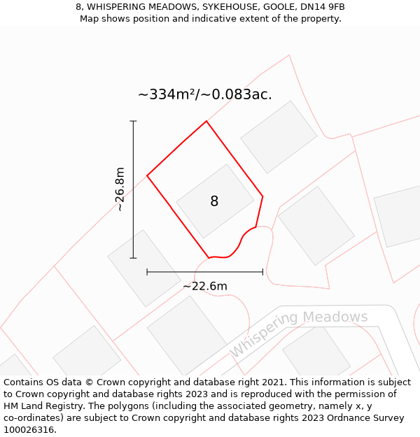 8, WHISPERING MEADOWS, SYKEHOUSE, GOOLE, DN14 9FB: Plot and title map