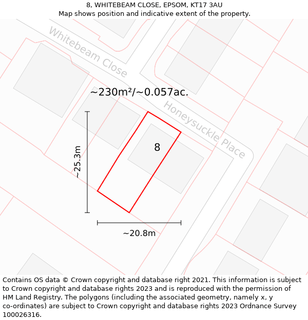 8, WHITEBEAM CLOSE, EPSOM, KT17 3AU: Plot and title map