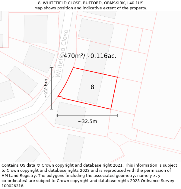 8, WHITEFIELD CLOSE, RUFFORD, ORMSKIRK, L40 1US: Plot and title map