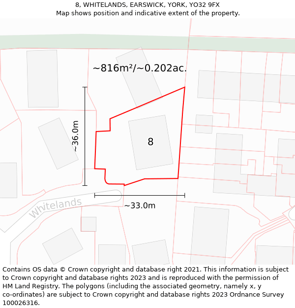 8, WHITELANDS, EARSWICK, YORK, YO32 9FX: Plot and title map