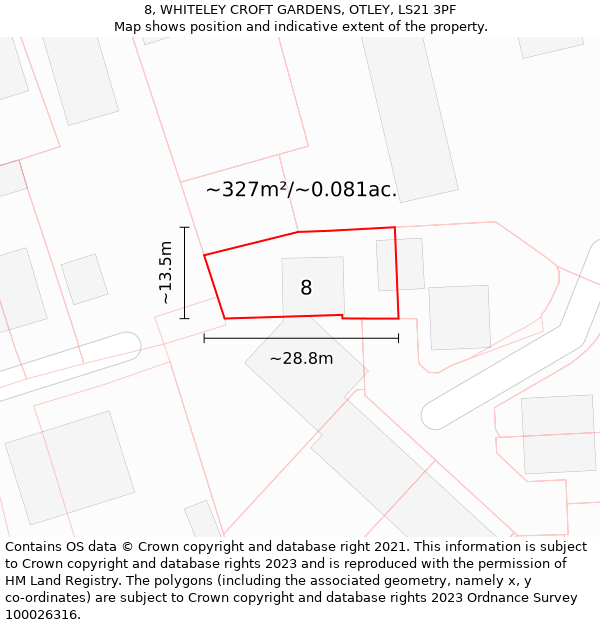 8, WHITELEY CROFT GARDENS, OTLEY, LS21 3PF: Plot and title map