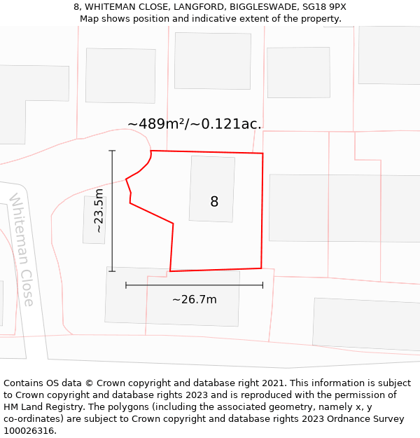 8, WHITEMAN CLOSE, LANGFORD, BIGGLESWADE, SG18 9PX: Plot and title map