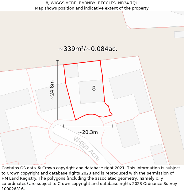 8, WIGGS ACRE, BARNBY, BECCLES, NR34 7QU: Plot and title map