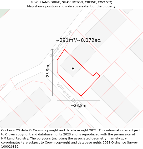 8, WILLIAMS DRIVE, SHAVINGTON, CREWE, CW2 5TQ: Plot and title map