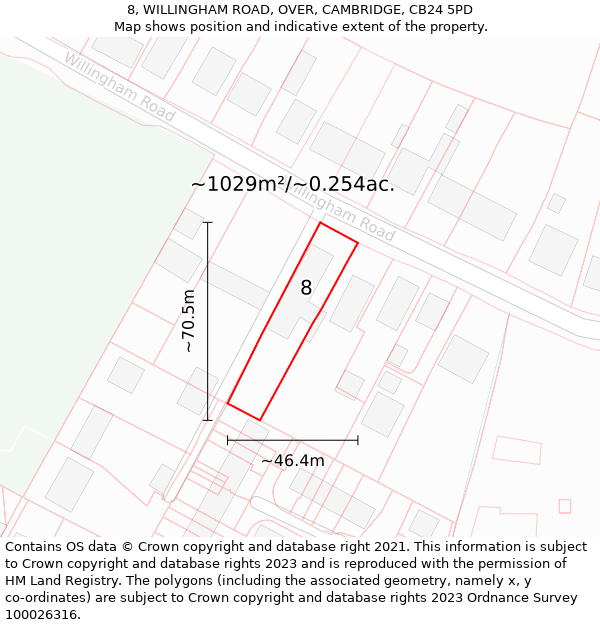 8, WILLINGHAM ROAD, OVER, CAMBRIDGE, CB24 5PD: Plot and title map