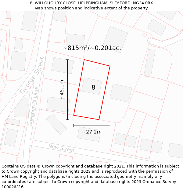 8, WILLOUGHBY CLOSE, HELPRINGHAM, SLEAFORD, NG34 0RX: Plot and title map