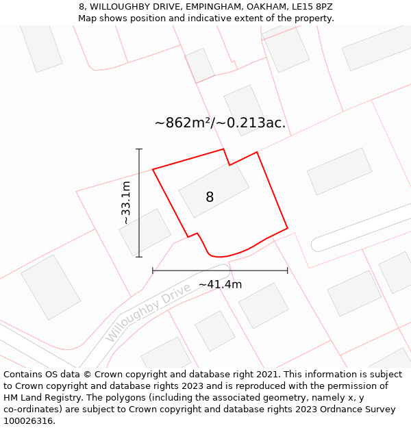 8, WILLOUGHBY DRIVE, EMPINGHAM, OAKHAM, LE15 8PZ: Plot and title map