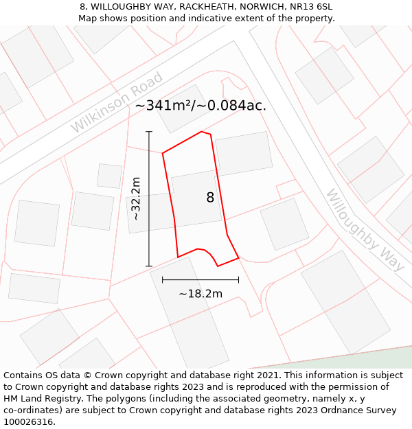 8, WILLOUGHBY WAY, RACKHEATH, NORWICH, NR13 6SL: Plot and title map