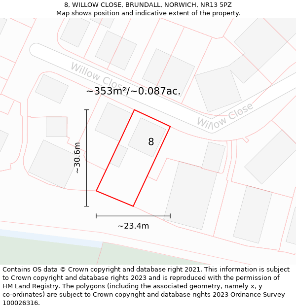 8, WILLOW CLOSE, BRUNDALL, NORWICH, NR13 5PZ: Plot and title map