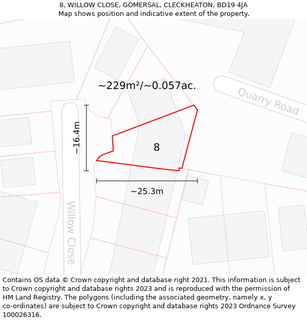 8, WILLOW CLOSE, GOMERSAL, CLECKHEATON, BD19 4JA: Plot and title map