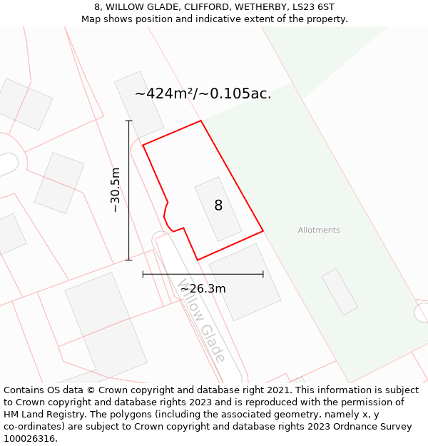 8, WILLOW GLADE, CLIFFORD, WETHERBY, LS23 6ST: Plot and title map