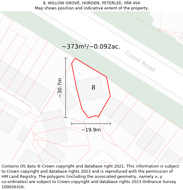 8, WILLOW GROVE, HORDEN, PETERLEE, SR8 4SA: Plot and title map