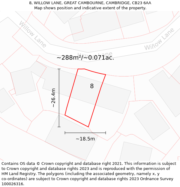 8, WILLOW LANE, GREAT CAMBOURNE, CAMBRIDGE, CB23 6AA: Plot and title map