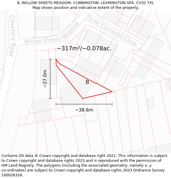 8, WILLOW SHEETS MEADOW, CUBBINGTON, LEAMINGTON SPA, CV32 7XL: Plot and title map