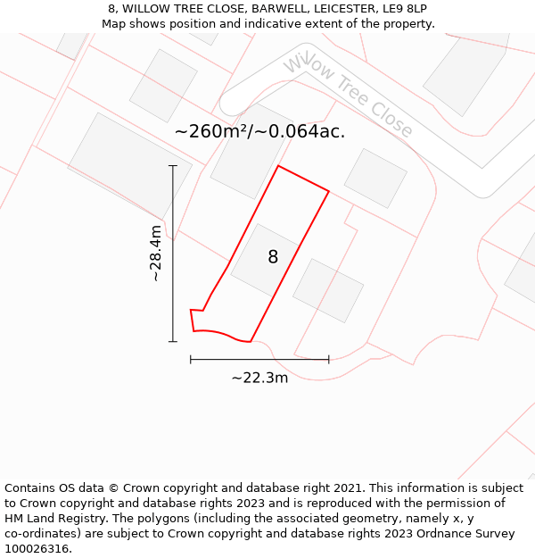 8, WILLOW TREE CLOSE, BARWELL, LEICESTER, LE9 8LP: Plot and title map